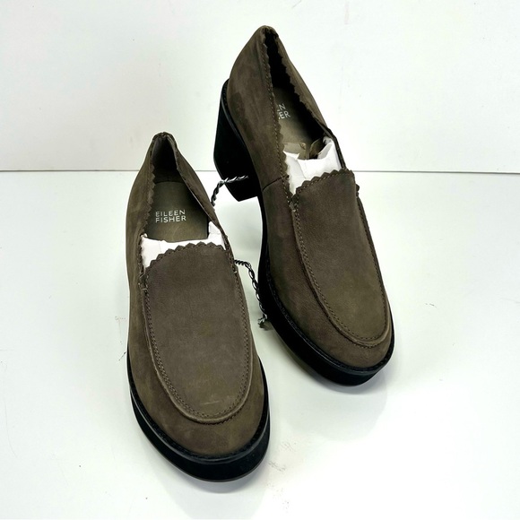 EILEEN‎ FISHER Gray leather HARRIA block heel loafers size 7.5 - Picture 1 of 11